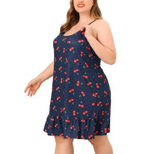 Plus Size Nightgown Women Cami Fruit Printed Ruffle Hem Sleepwear Navy